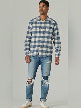 Lucky Brand Blue and White Buffalo Check Pearl Snap Shirt